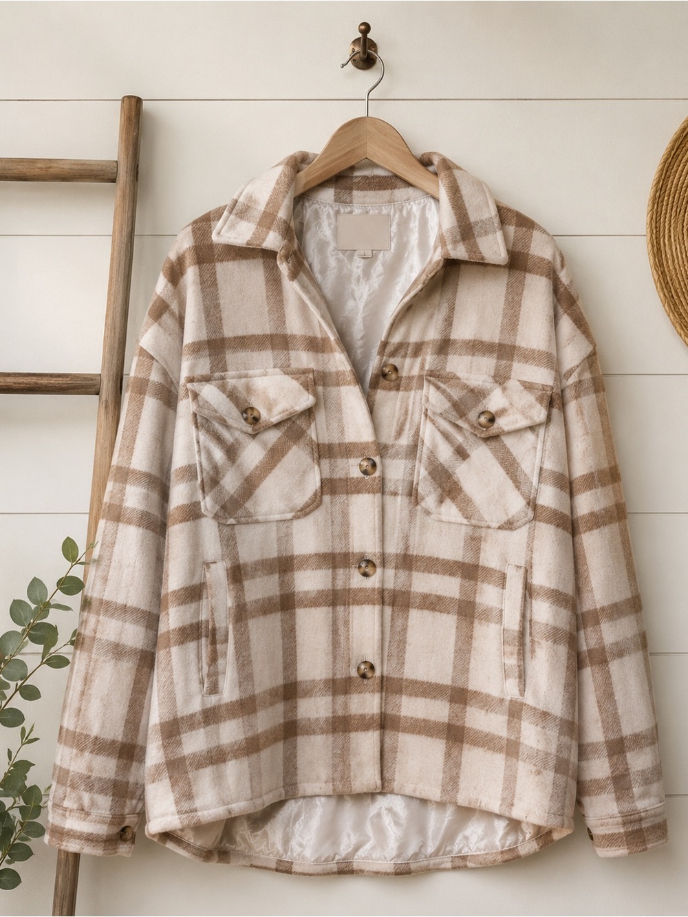 Thread & Supply Cream and Tan Plaid Utility Jacket